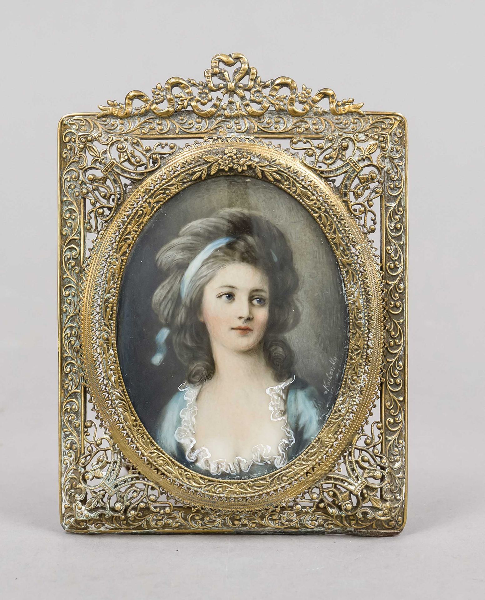 Miniature, 19th century, polychrome tempera painting on bone plate, unopened, oval portrait of