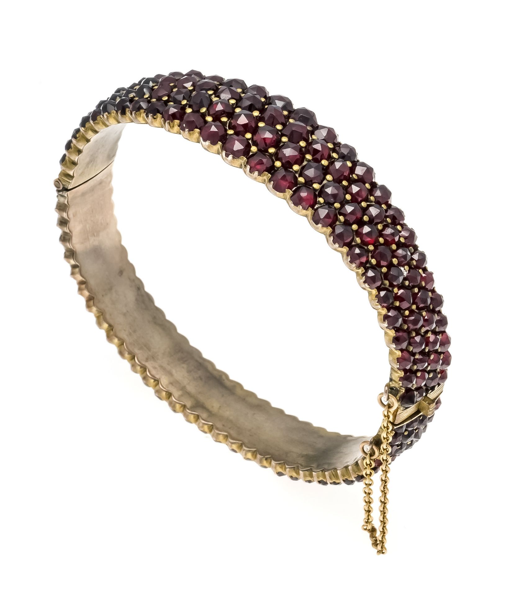 Garnet hinged bangle, gold-plated metal, with round faceted garnets 4 - 2 mm, box clasp with SI