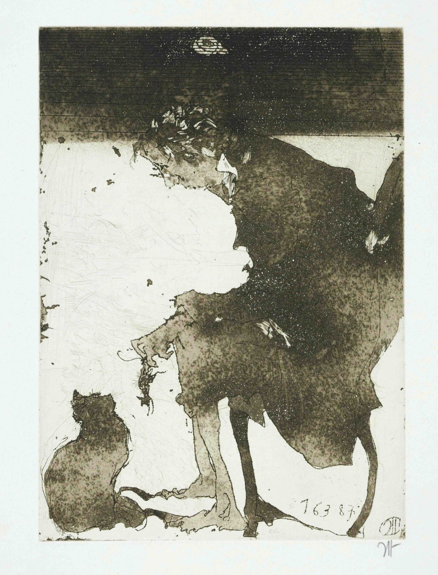 Horst Janssen (1929-1995), ''Morgen-Lydia. Selbst mit Katze'', 1987, etching with aquatint on laid