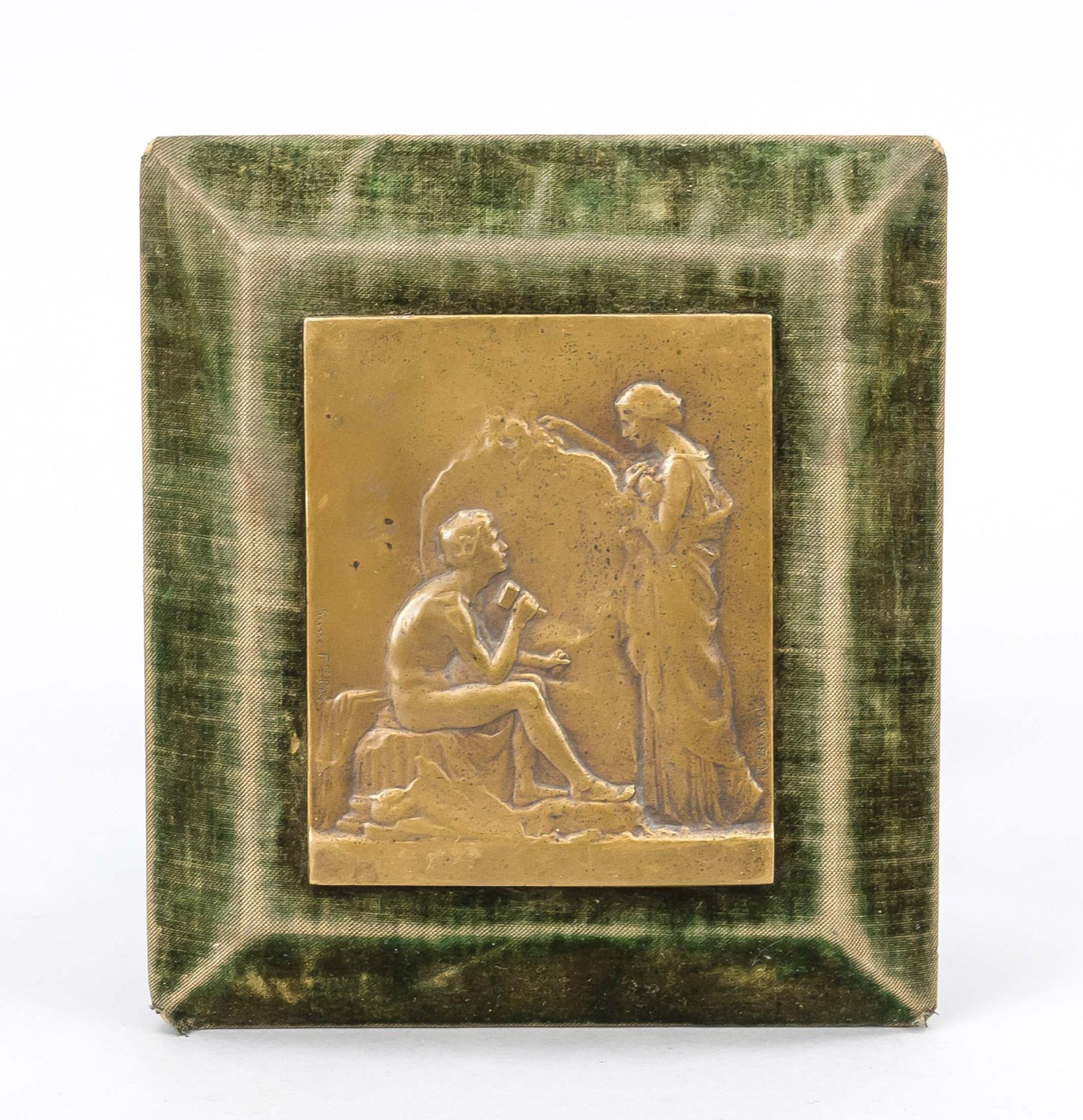 Bronze relief, 1st half 20th century A naked youth with hammer and chisel, sitting on ancient ruins,