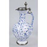 A narrow-necked jug, Hanau 1776, faience, pale blue glaze with bird decoration in dark blue hot-fire