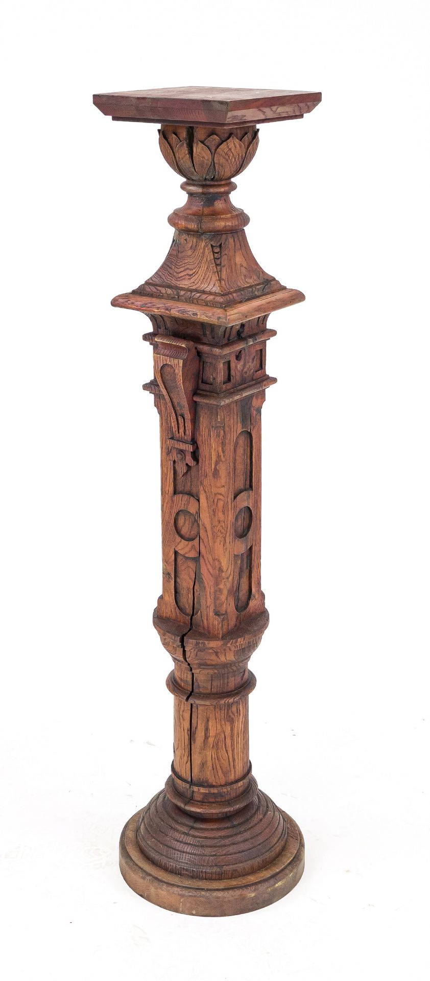 Flower column/palm pedestal c. 1880, oak, stress cracks, h. 130 cm, d. 33 cm