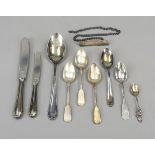 21 pieces of cutlery, 20th century, silver 800/000, 19 spoons, predominantly spade-shaped, 2 knives,
