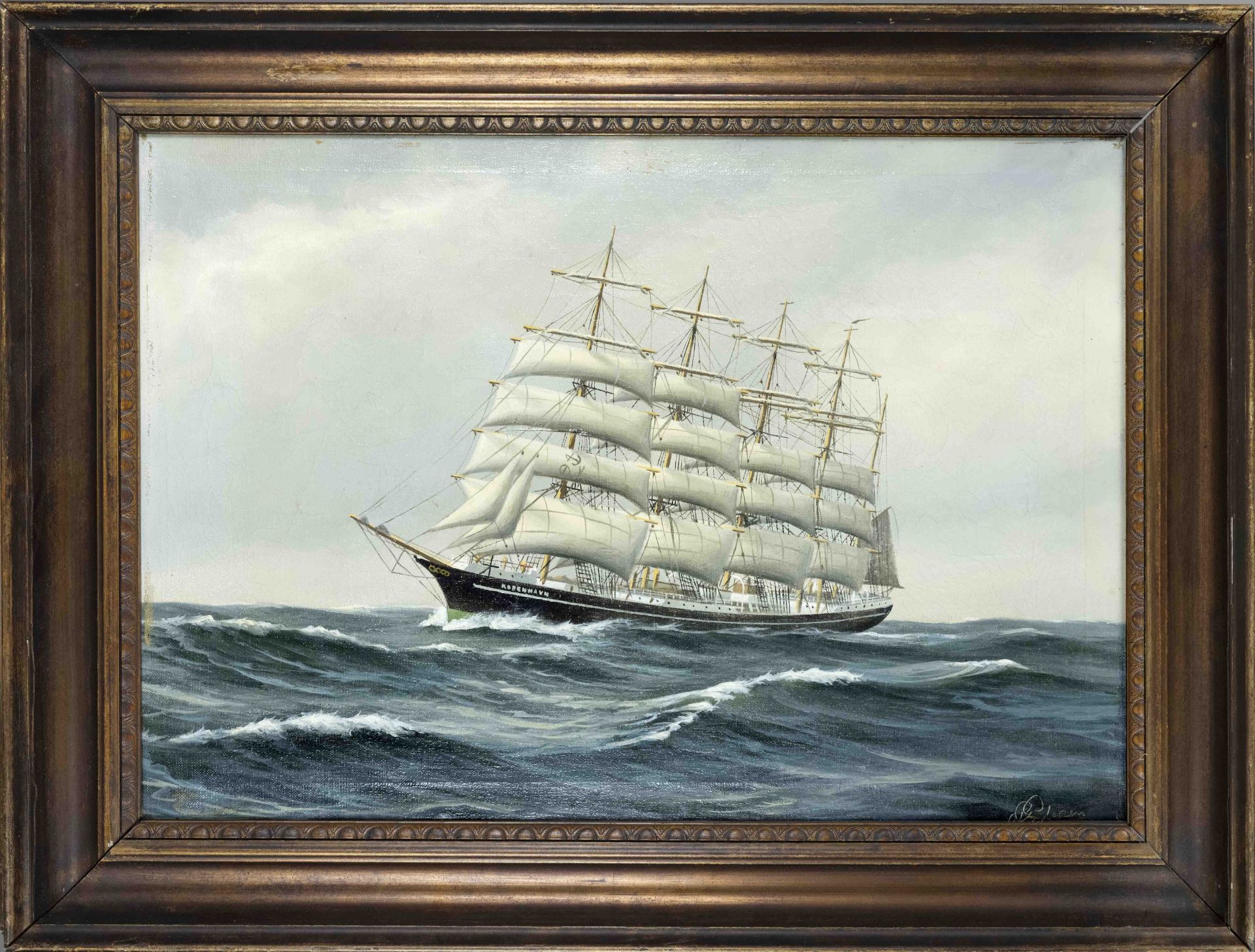signed Jensen, marine painter 1st half 20th century, Four masters on the high seas, oil on canvas,