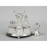 Cruet, England, 20th century, plated, oval stand on 4 pressed feet, central handle and holder for