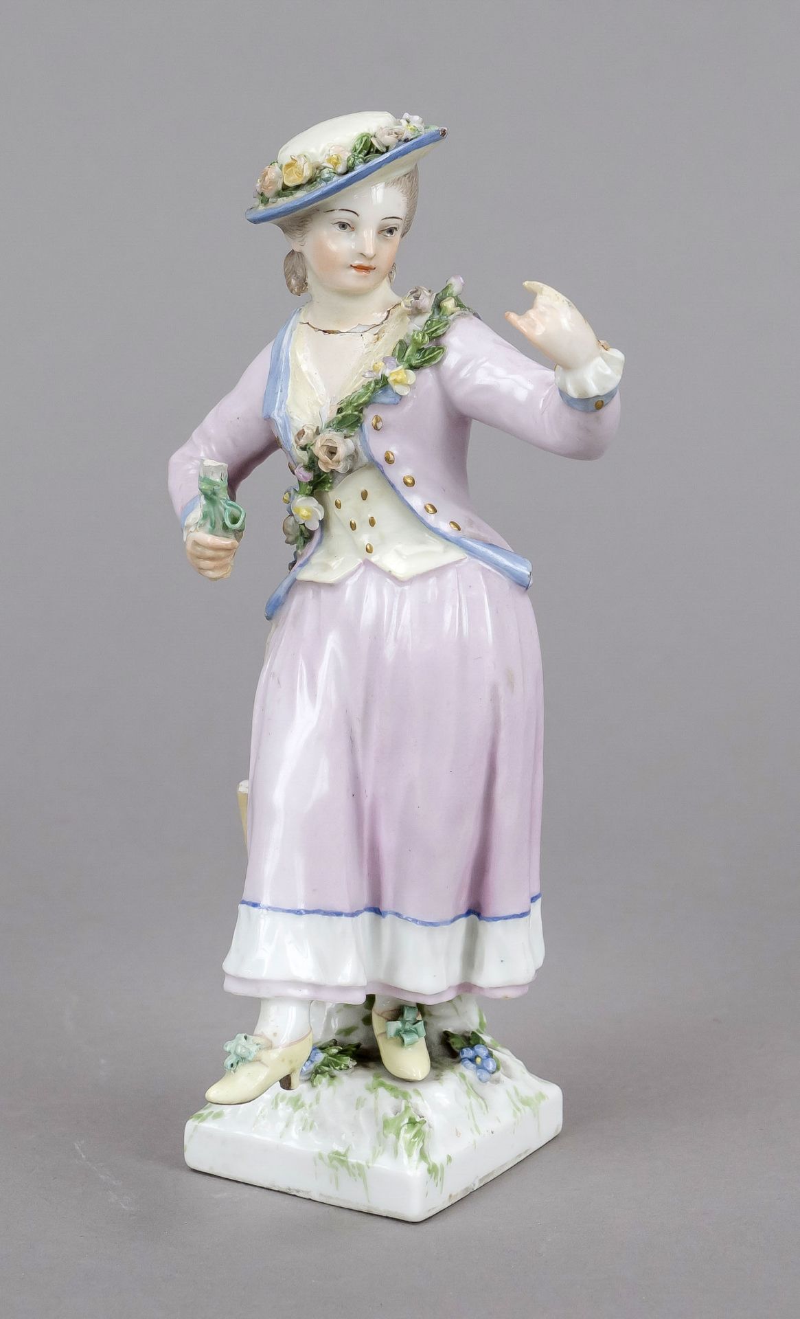 Dancing gardener, KPM Berlin, c. 1760, a woman dancing on a terrain base with garlands of flowers,