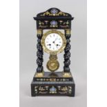 Portal clock 2nd half 19th century, wood ebonized, coiled columns with metal thread inlays, rear