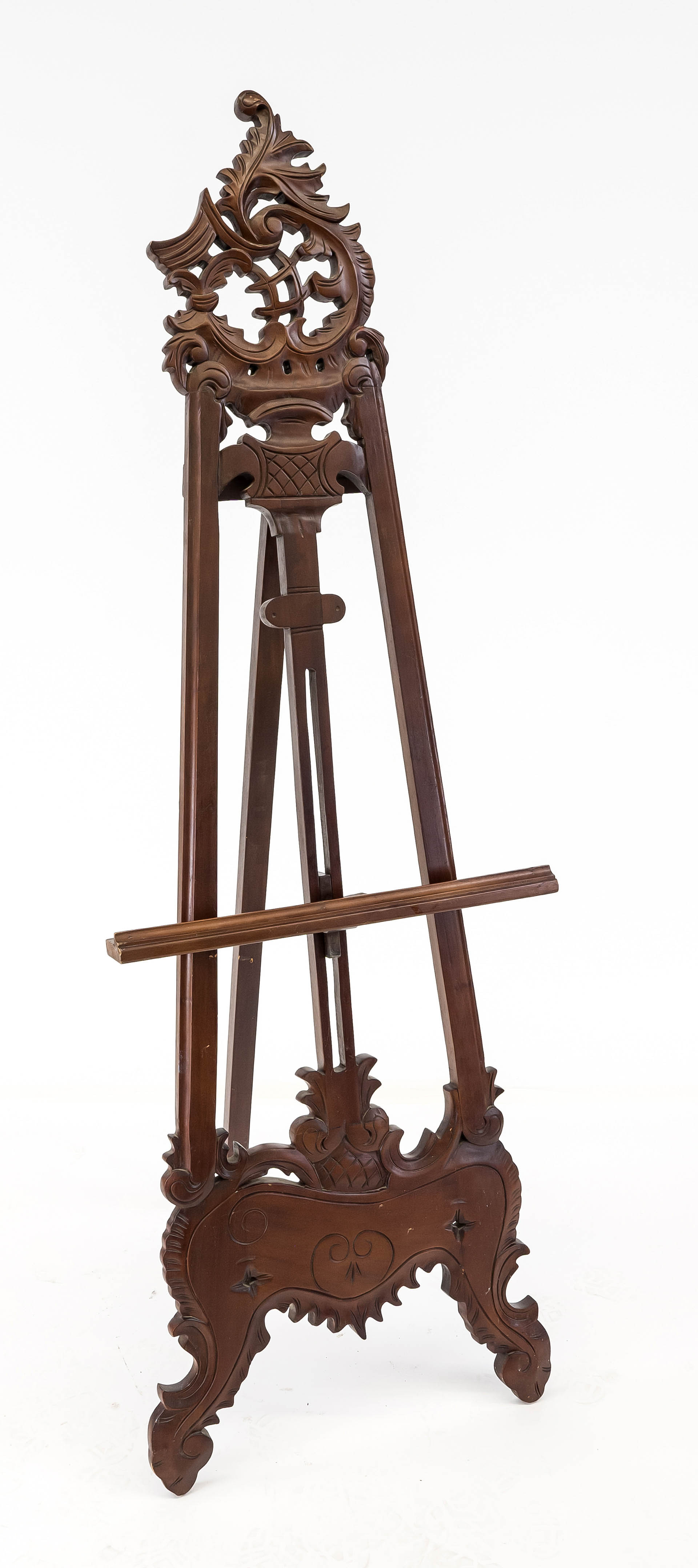 Staffellei, 20th century, mahogany. Open-worked and ornamentally carved. Height-adjustable picture