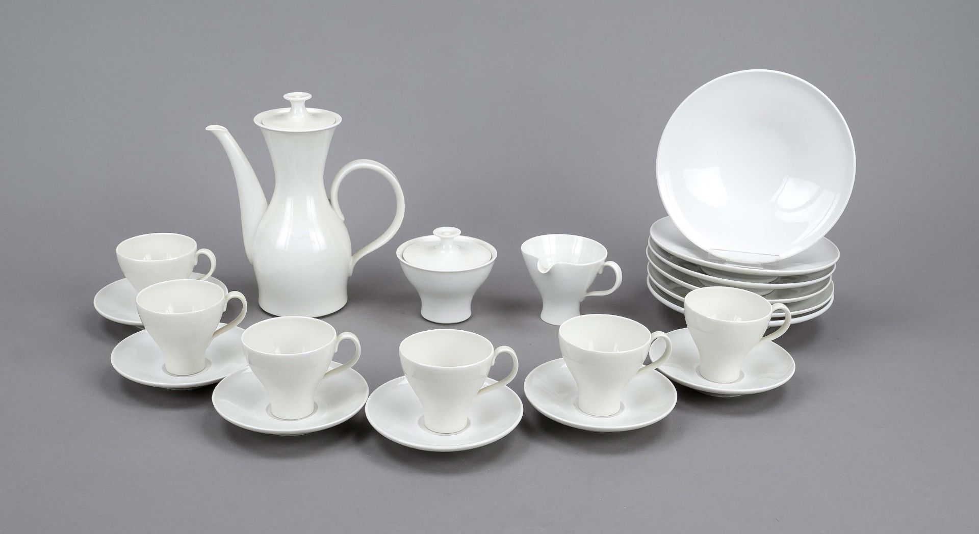 Mocha service for 6 persons, 21-piece, KPM Berlin, marks 1945-62, 1st and 2nd choice, white, shape