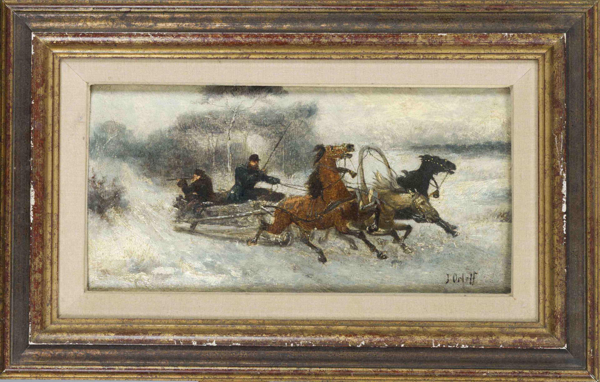 J. Orloff, 19th century, wild troika ride through a snowy landscape with hunters, oil on wood,