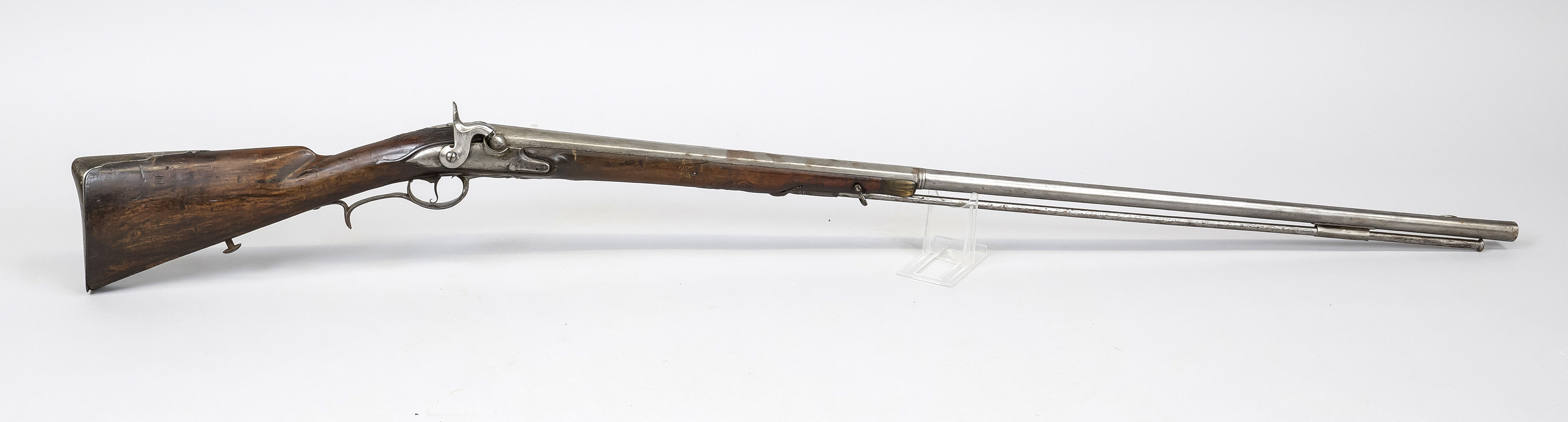 Hunting rifle, percussion, 19th century, walnut carved stock, lock and fittings with hunting