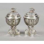 Pair of lidded vessels, Italy (?), early 20th century, silver 835/000, 3-pass stand, vessel on 3