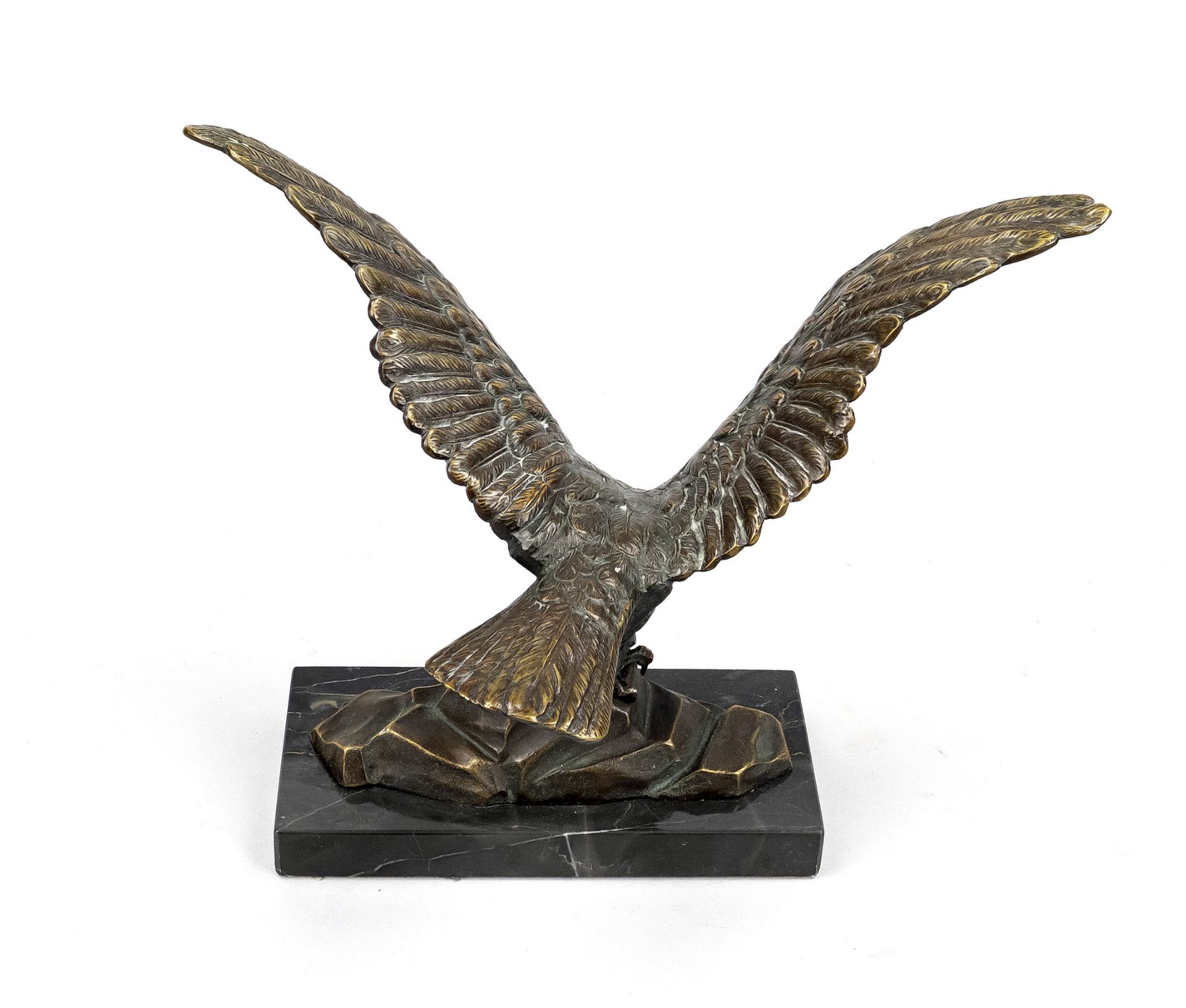 Anonymous sculptor, c. 1920, eagle with spread wings on a rock base, patinated bronze with bone beak - Image 2 of 2