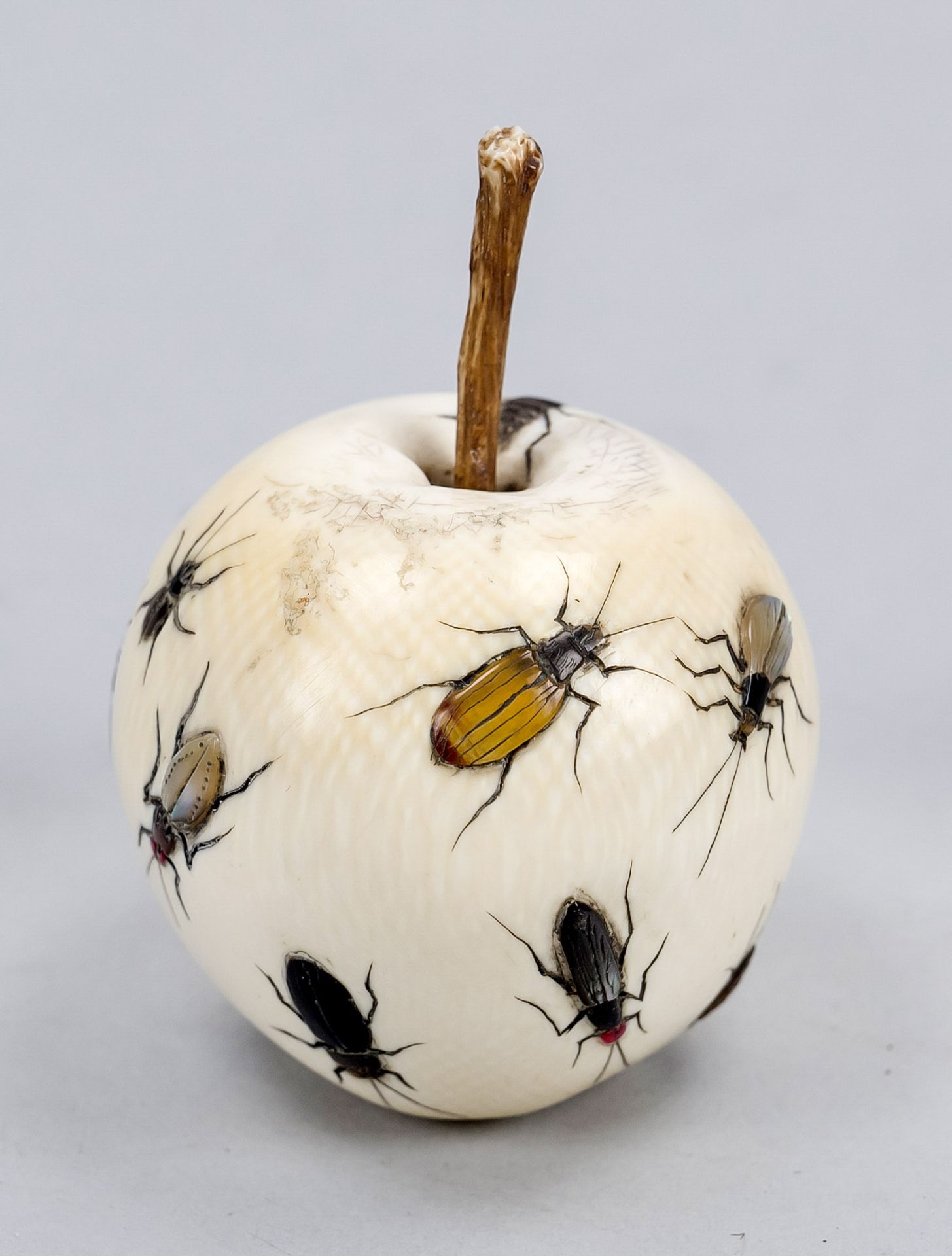 Shibayama Okimono as an apple, Japan c. 1900 (Meiji), ivory with mother-of-pearl and stone inlays.