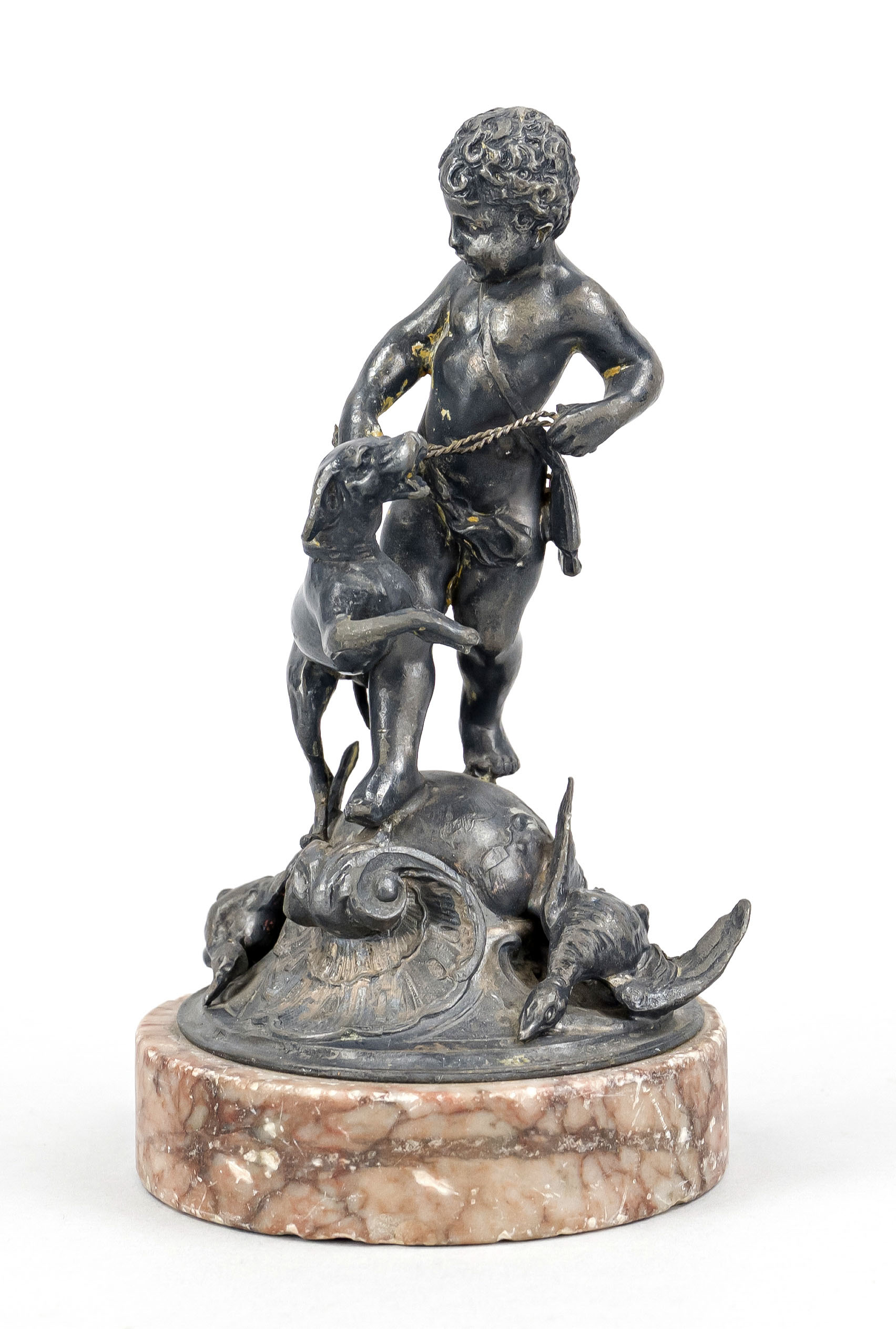Anonymous sculptor of the 19th century, small statuette of a cupid with hunting dog and hunted