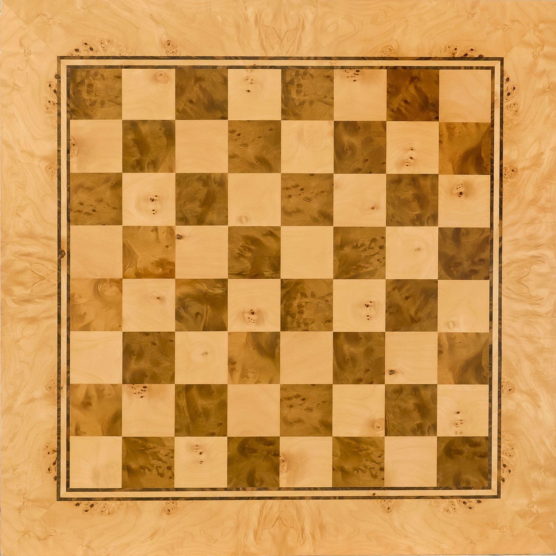 Large chessboard, Scandinavia? 20th century, fine veneer work of dark and light woods. Signed with a