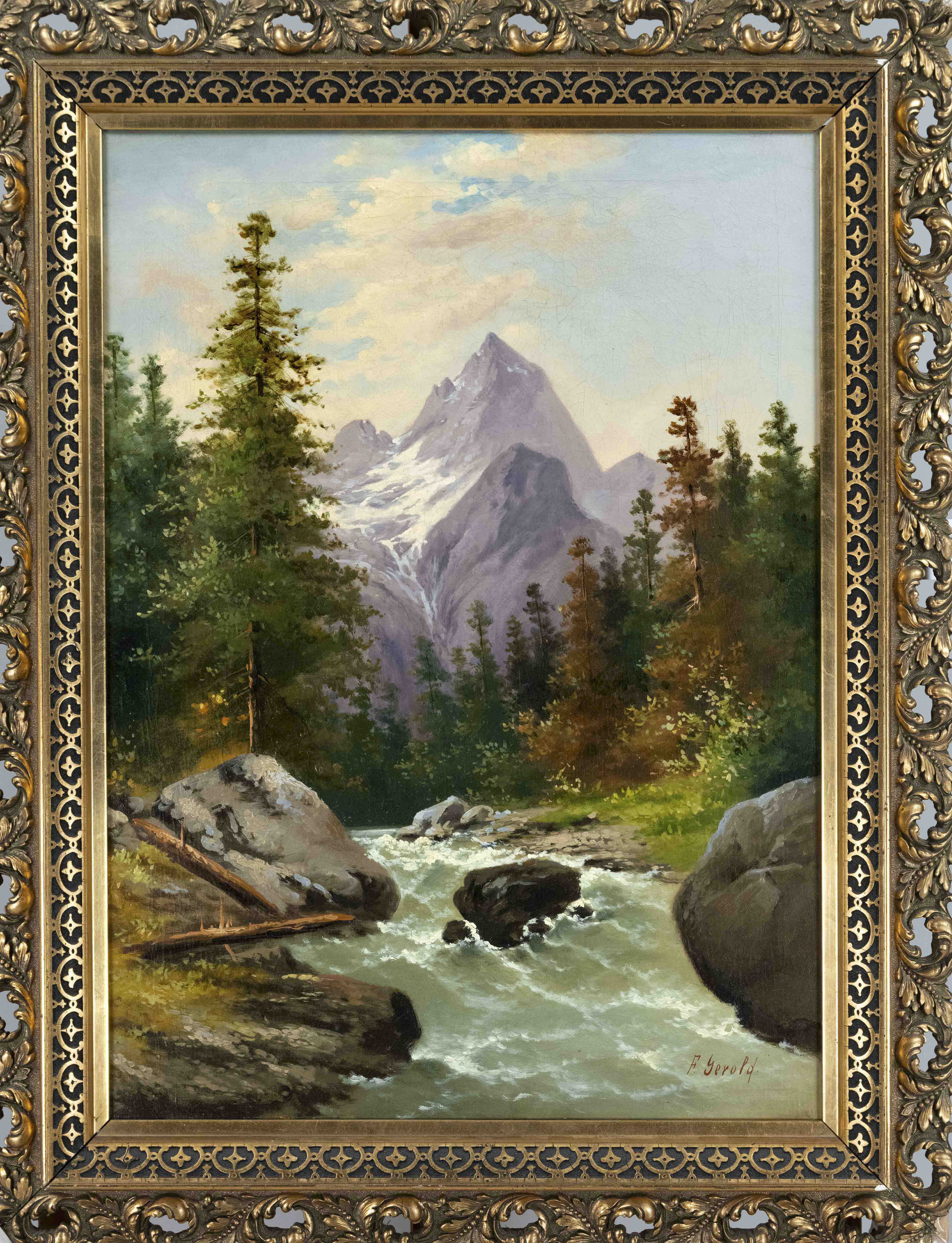 F. Gerold, 19th century, Alpine landscape with torrent, oil on canvas, signed lower right,