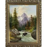 F. Gerold, 19th century, Alpine landscape with torrent, oil on canvas, signed lower right,