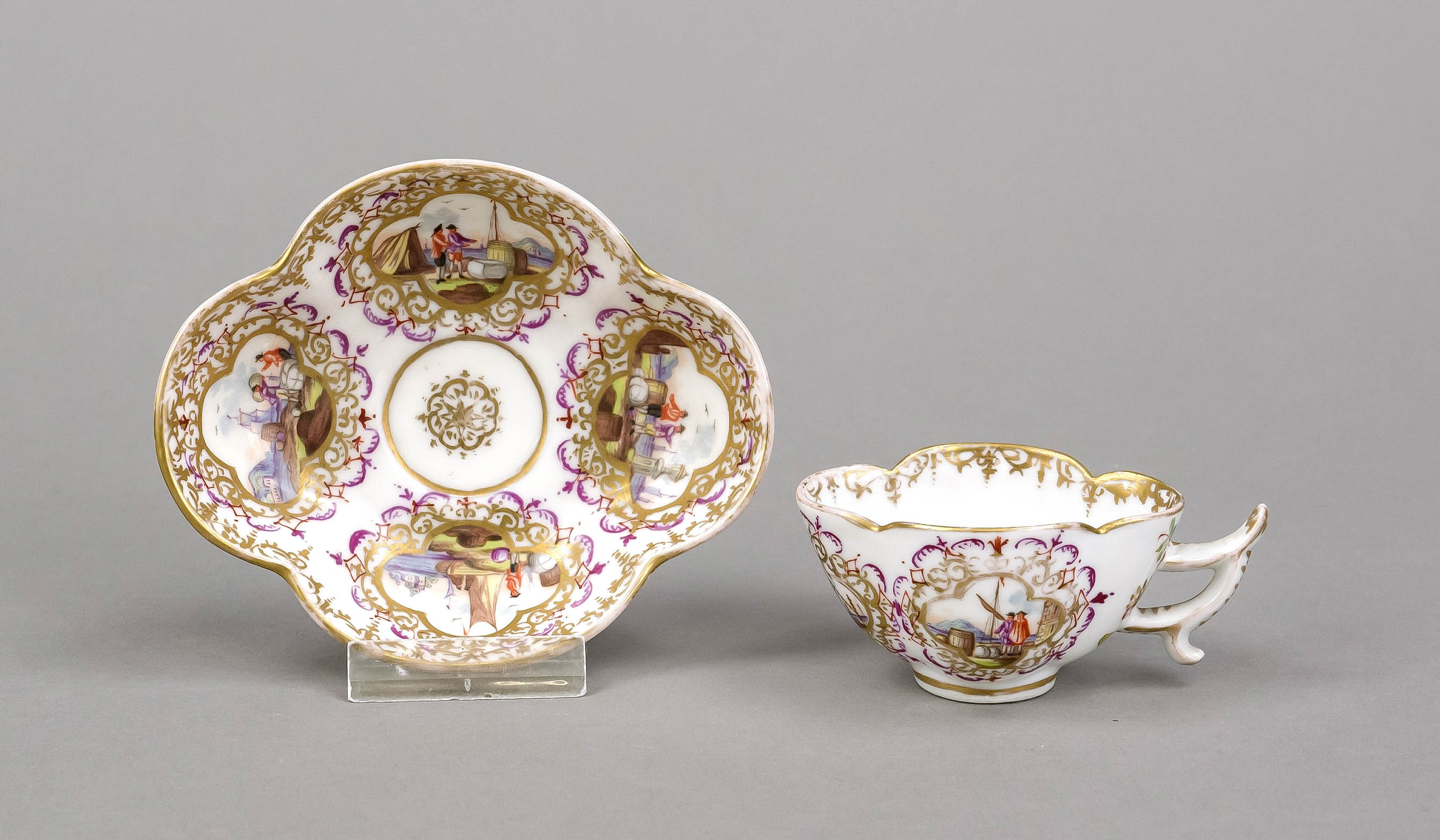 A demitasse cup with saucer, Helena Wolfsohn, Dresden, mark 1875-1886, quatrefoil shape,