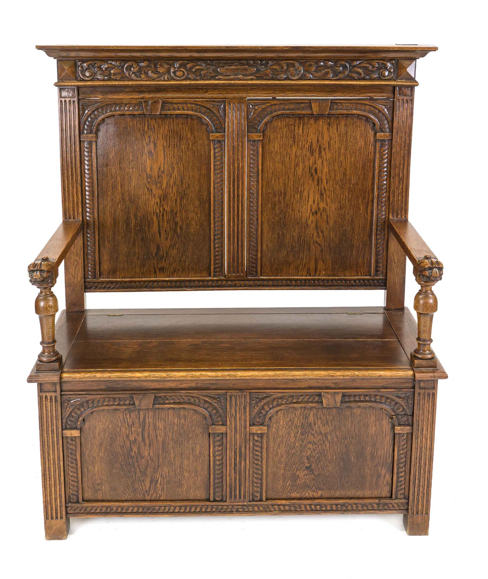 Chest bench around 1880, oak, hinged lid, carved armrest ends in the shape of a lion's head, 126 x