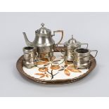 Various vessels and tray, nickel-plated metal and copper, ceramic plate with chestnut motif, d. 34