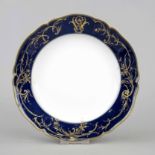 Flat Art Nouveau plate, KPM Berlin, c. 1900, 1st choice, red imperial orb mark, curved shape, cobalt