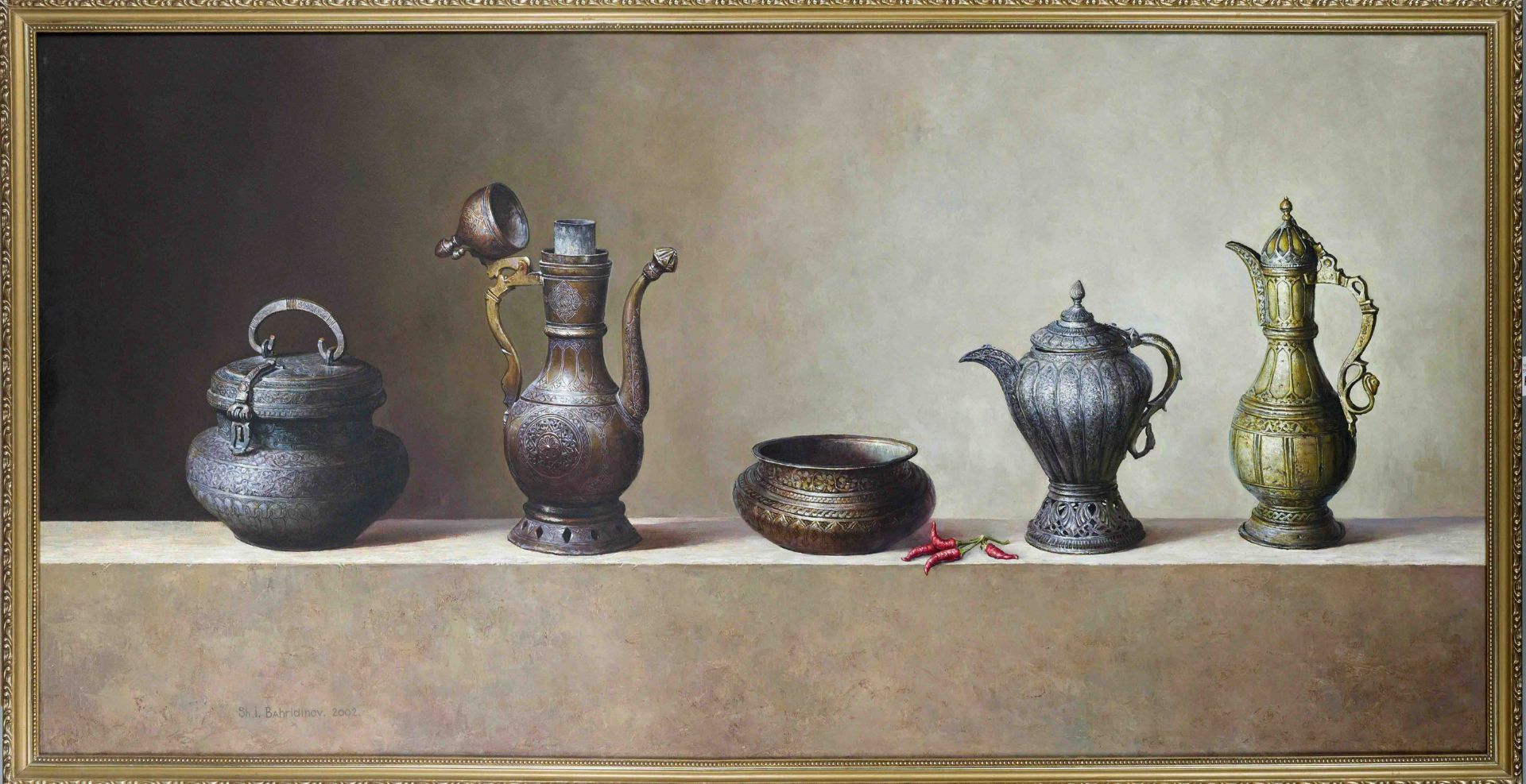 signed Sh.i. Bahridinov, Russian contemporary painter, naturalistic arrangement of oriental vessels,