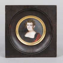 Round miniature, French 19th century, polychrome tempera painting on bone plate. Young woman in a