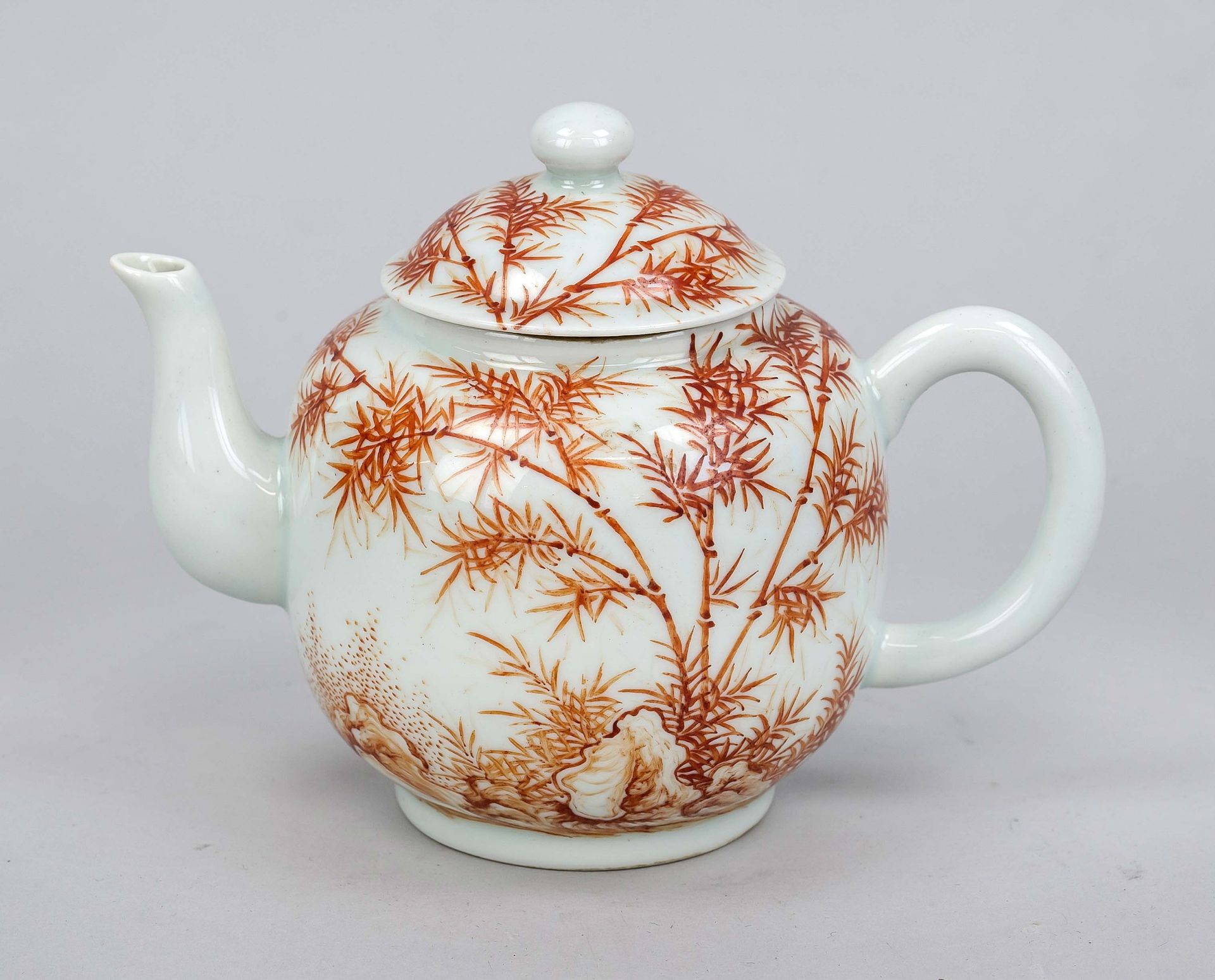 Teapot, probably China 20th century, decorated on all sides and on the lid in iron-red with bamboo