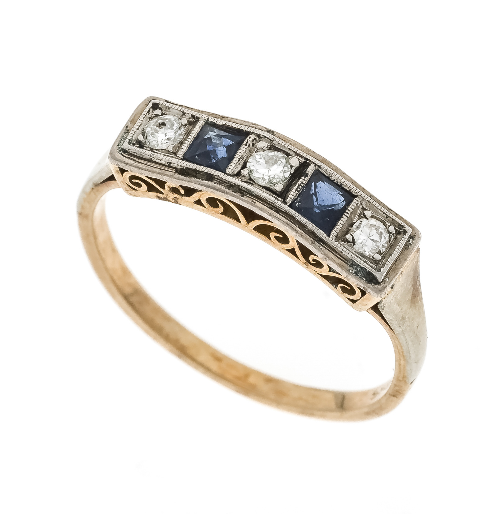 Sapphire old-cut diamond ring GG/WG 585/000 with 2 faceted sapphire carrées 2.5 mm dark blue,