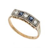 Sapphire old-cut diamond ring GG/WG 585/000 with 2 faceted sapphire carrées 2.5 mm dark blue,