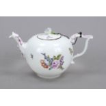 Small teapot, Meissen, c. 1735-40, handle spout and J-handle, lid on metal chain, polychrome painted