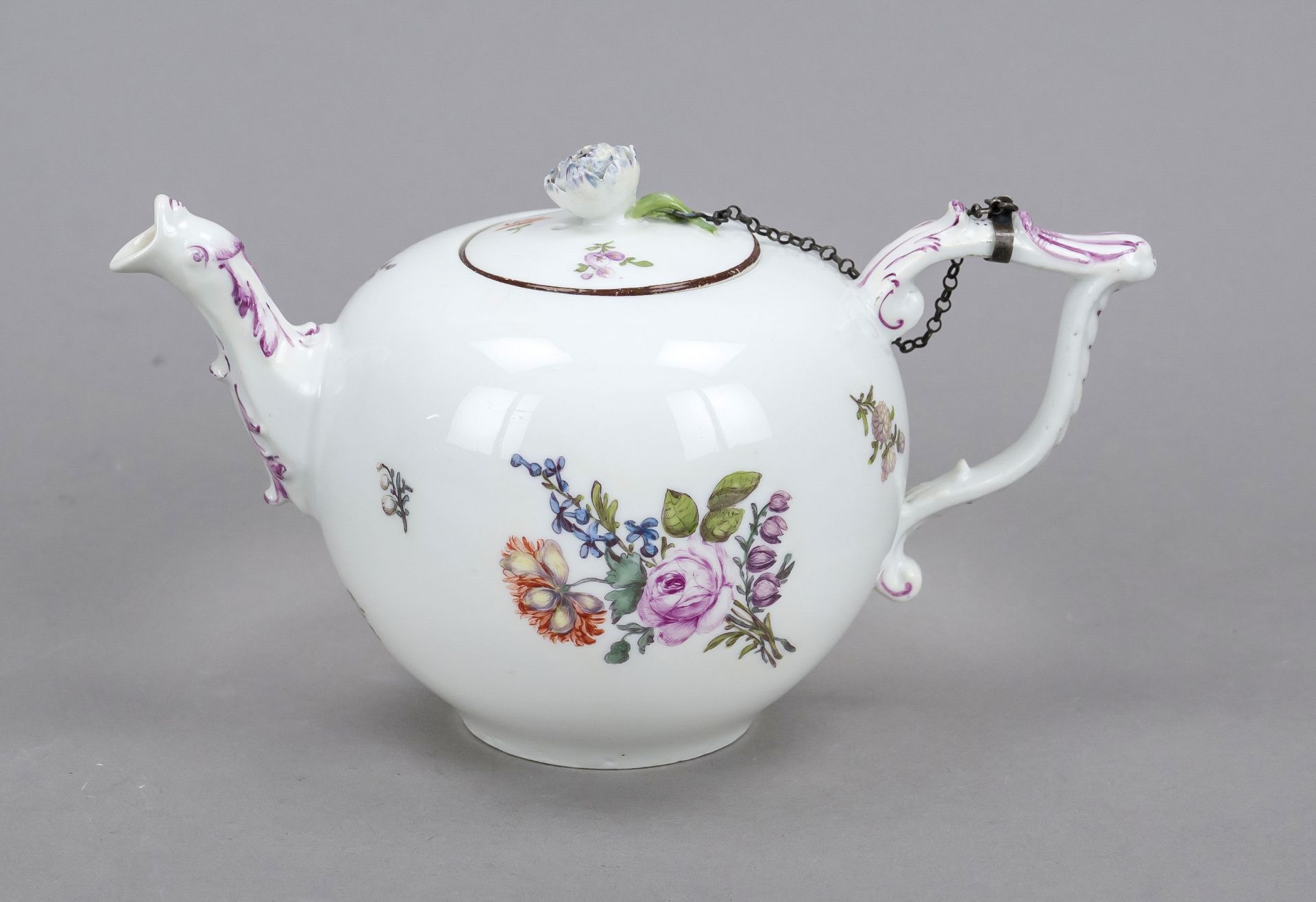 Small teapot, Meissen, c. 1735-40, handle spout and J-handle, lid on metal chain, polychrome painted