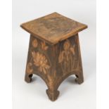 Art Nouveau stool, Germany, c. 1900, wood with cut vegetal decoration, slightly curved top, stable