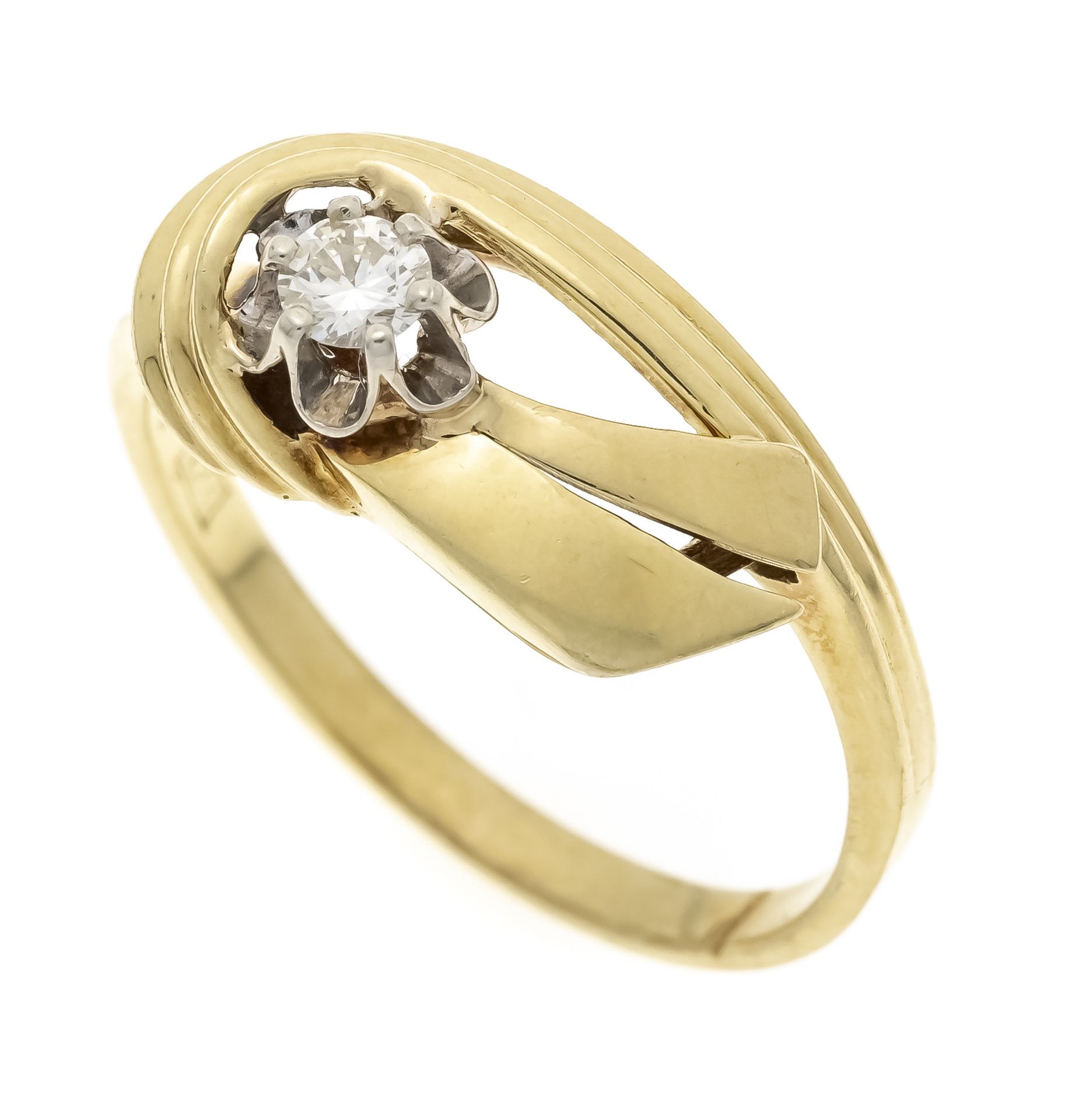 Diamond ring GG/WG 585/000 with a brilliant-cut diamond 0.124 ct (stamped) W/VS-SI, notch in the