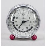 Alarm clock chrome-plated Rythm Universal, around 1990, silver-col. Dial with black Arabic numerals,