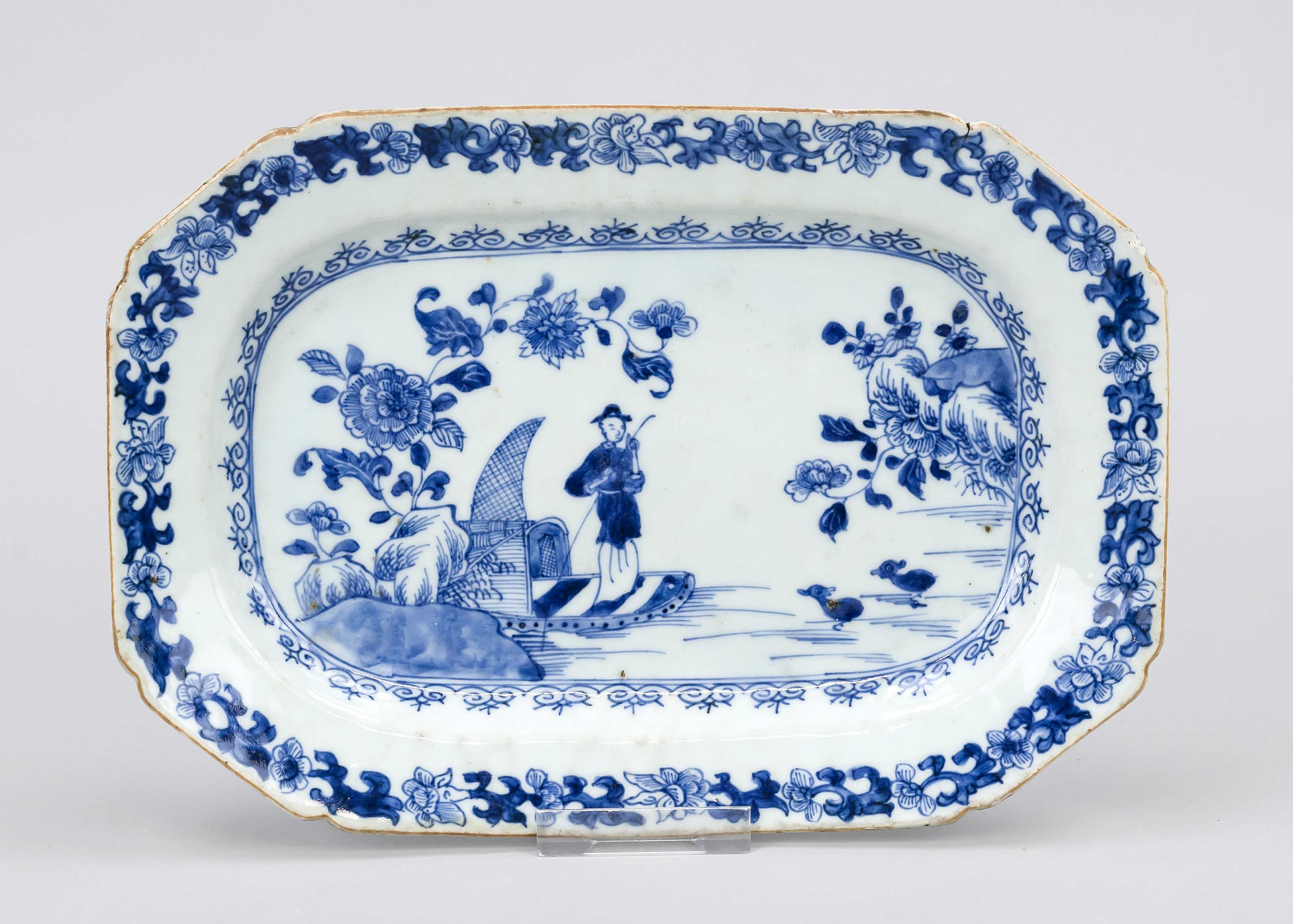 Blue and white plate, China, 18th century, cobalt blue decoration with fisherman, flag with flower