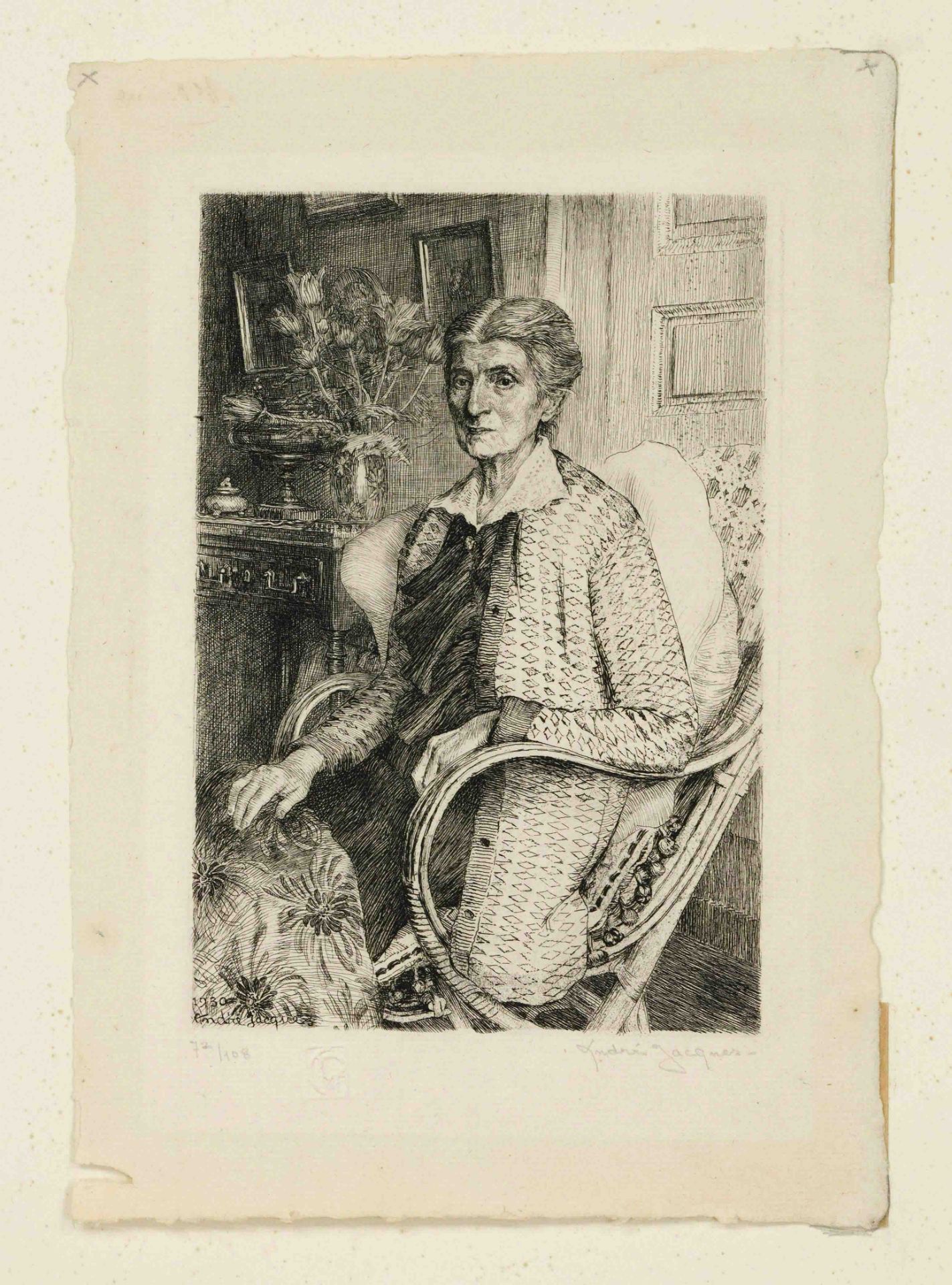 André Jacques (1880-1960), Portrait of an elderly woman in a rattan chair, etching, signed lower