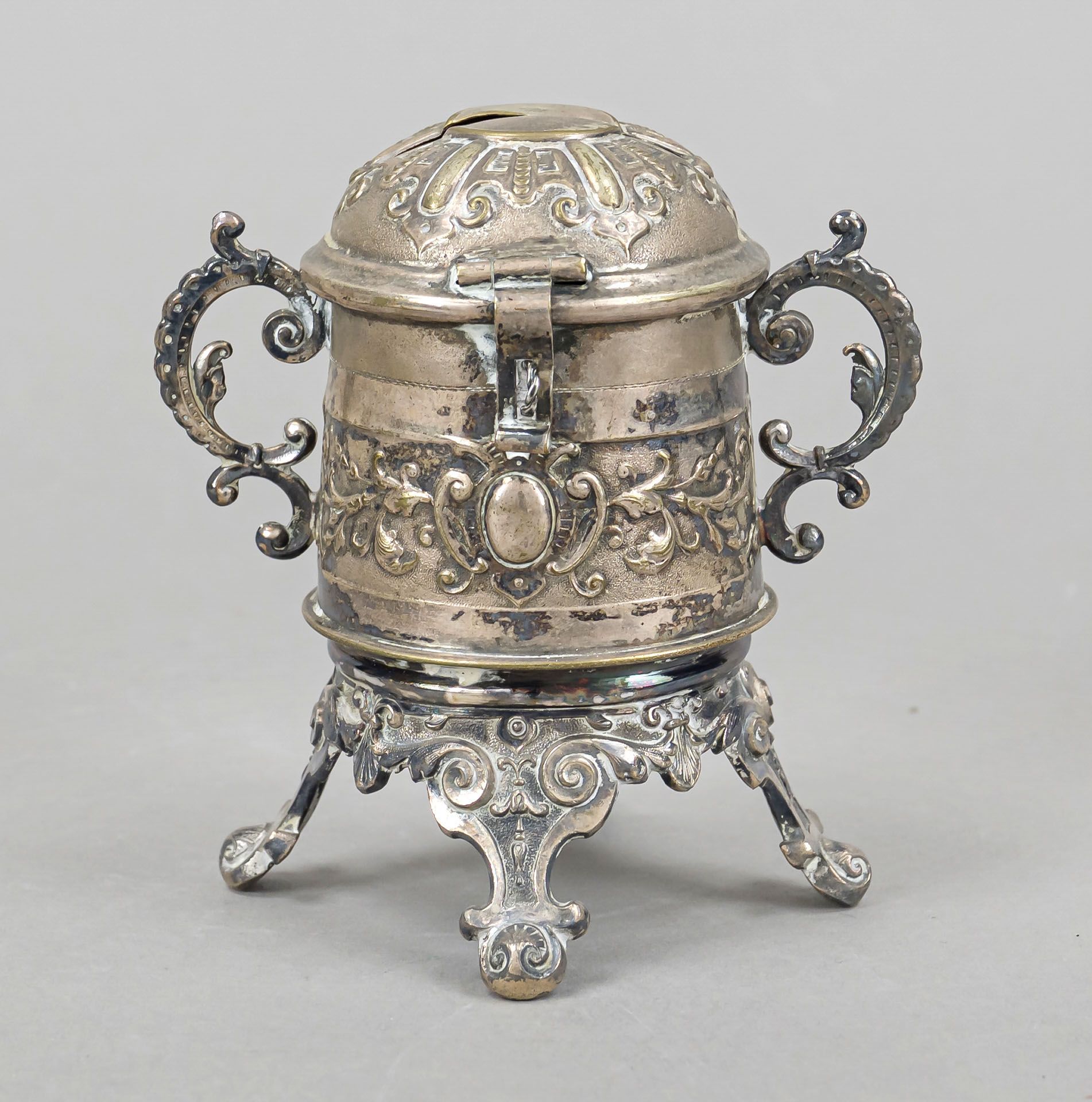 Money box, c. 1900, plated, on 4 feet, body with slightly tapering wall, hinged domed hinged lid,