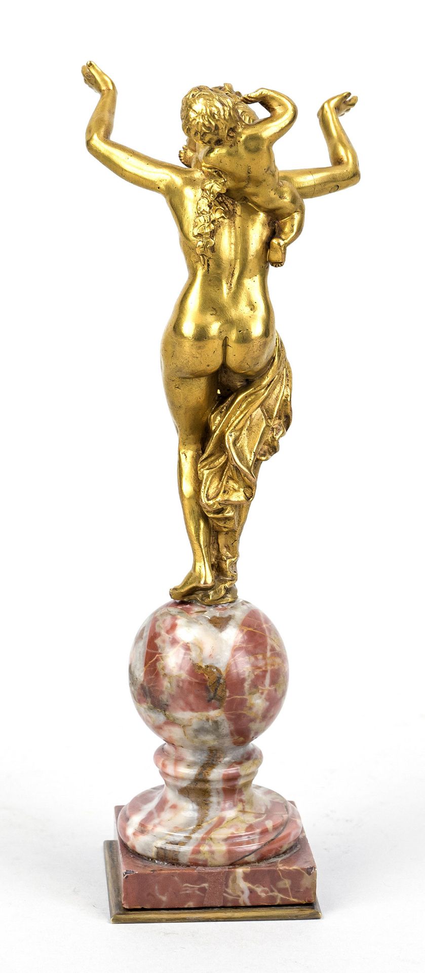 French sculptor, c. 1800, dancing bacchant with a boy on his shoulders, gilt bronze, on a reddish - Image 2 of 2