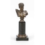 Eugen Börmel (1858-1932), Bust of Hermes, brown patinated bronze on a high marble base with engraved