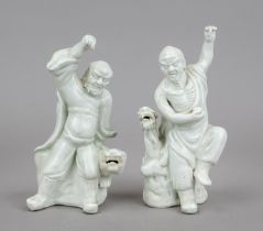 2 Blanc de Chine figures, China 19th/20th century, saints/ascetics on seated animals (1 x dragon,