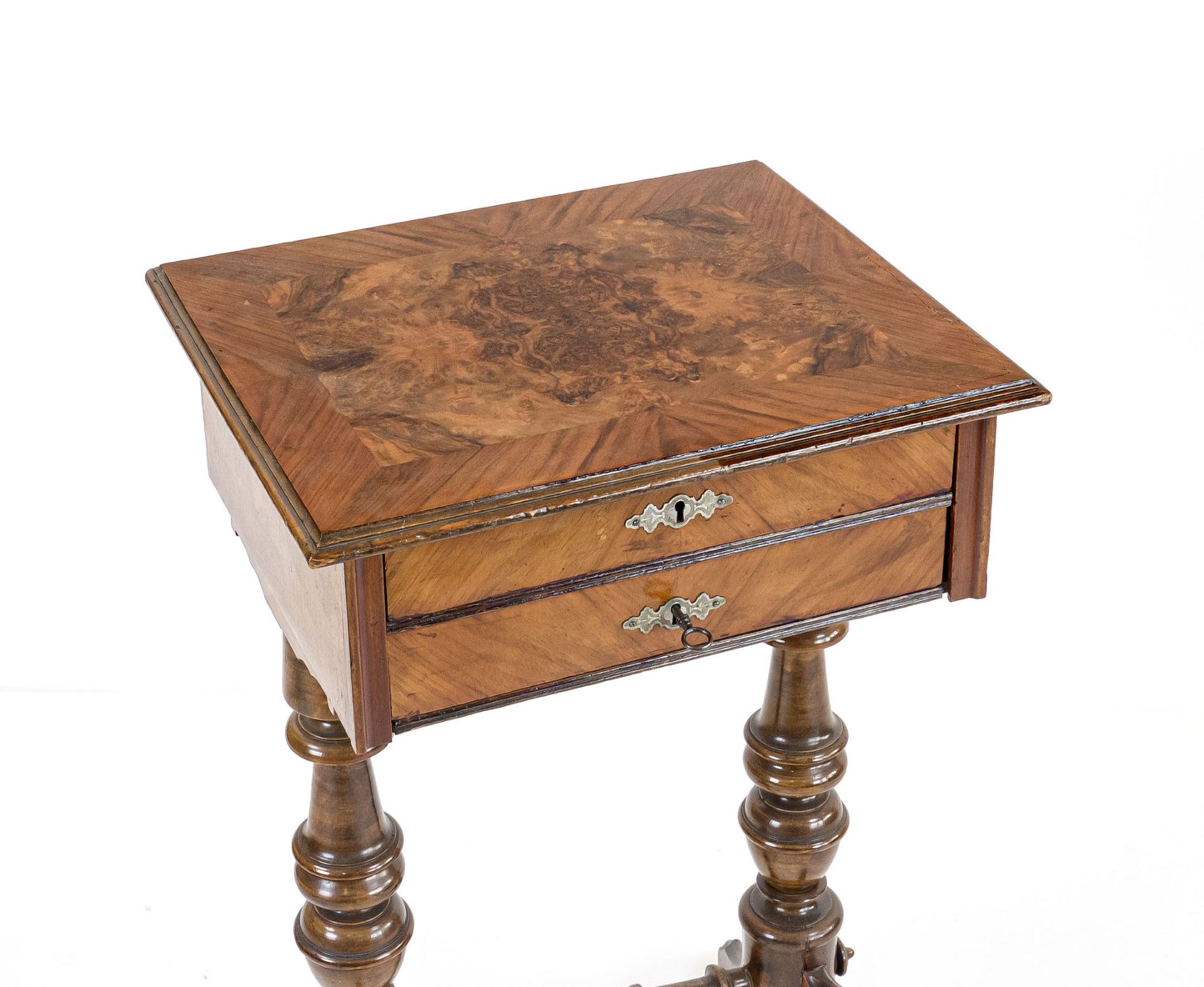 Handcrafted/sewing table, circa 1880, walnut, frame with drawer and hinged lid, various lidded and - Image 3 of 3