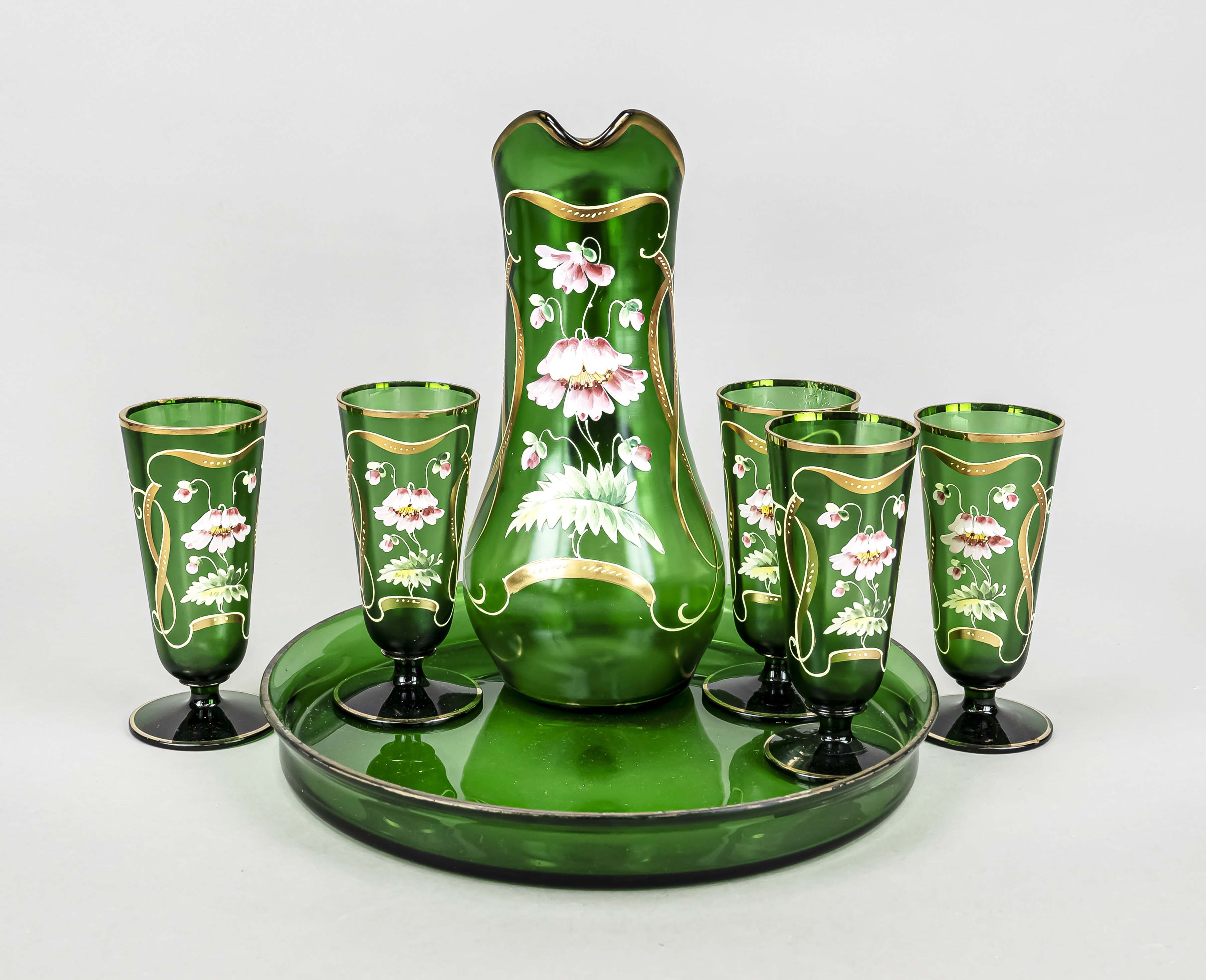 Seven-piece glass set, late 19th century, carafe, 5 footed glasses and round tray, green glass