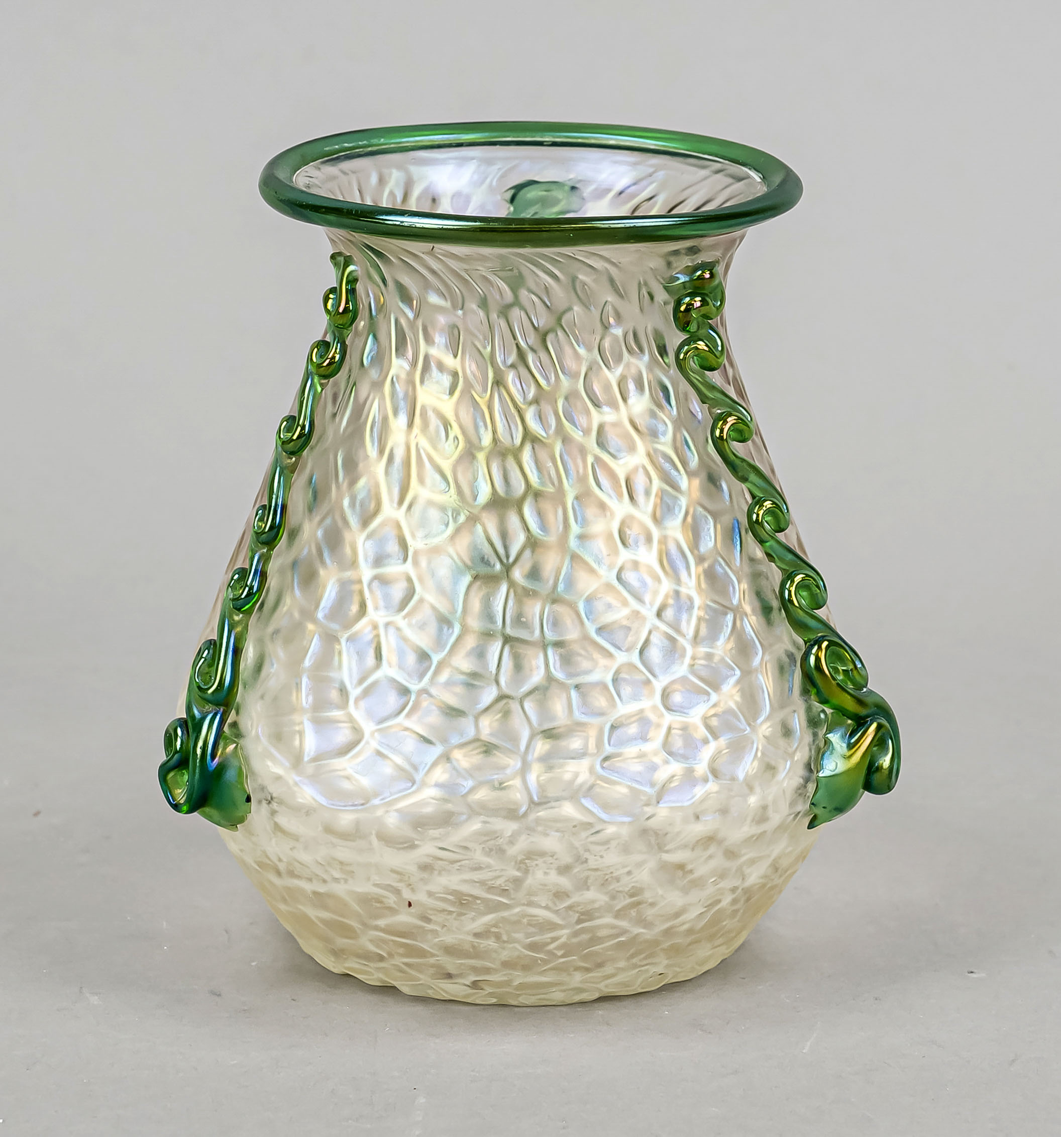 Vase, probably Bohemia, 20th century, Loetz (?), round base, curved body with flared rim, clear