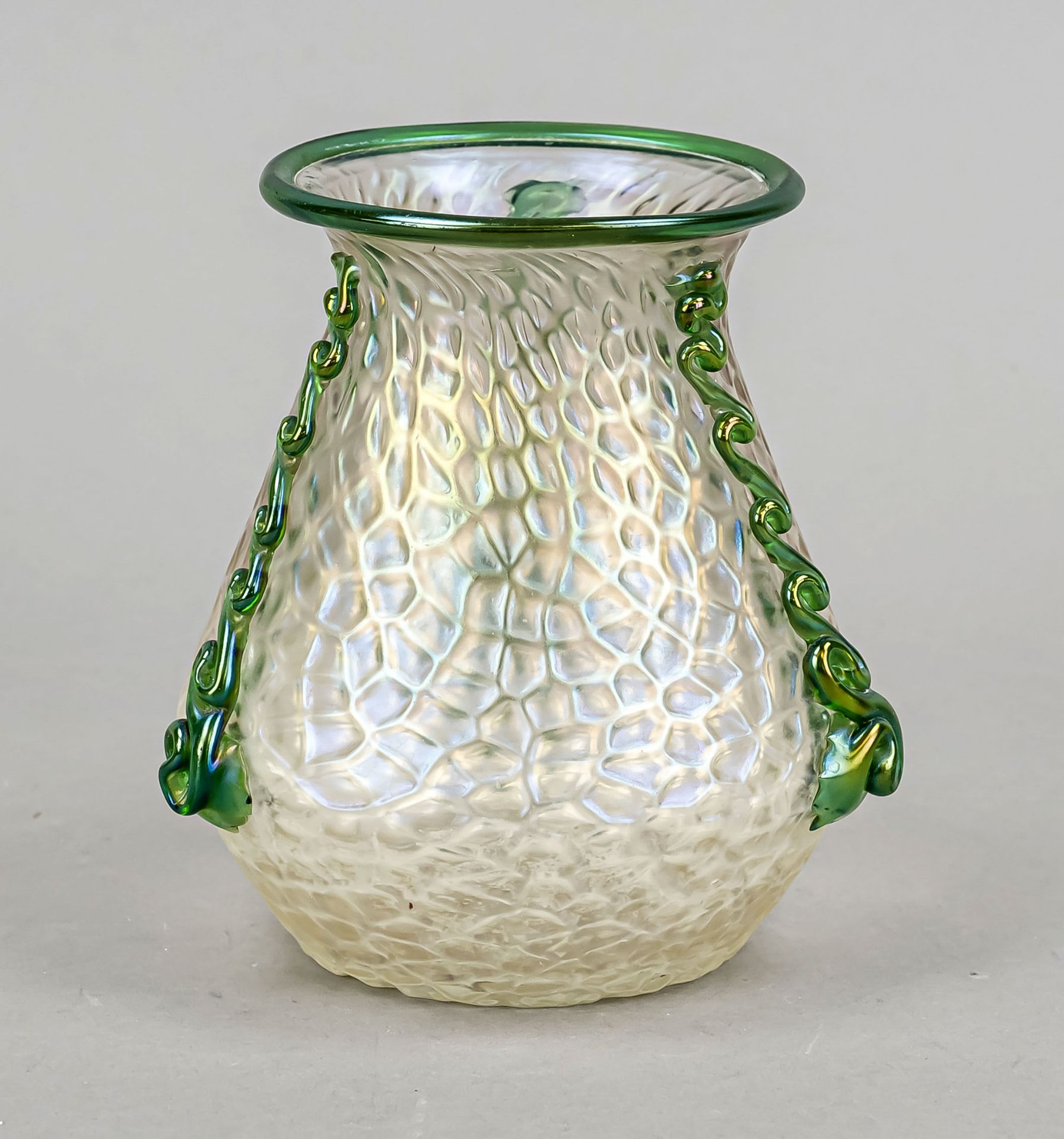 Vase, probably Bohemia, 20th century, Loetz (?), round base, curved body with flared rim, clear