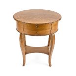 Handmade/sewing table from around 1930, oak, all-round beaded band, oval shape, 2 drawers, 77 x 61 x