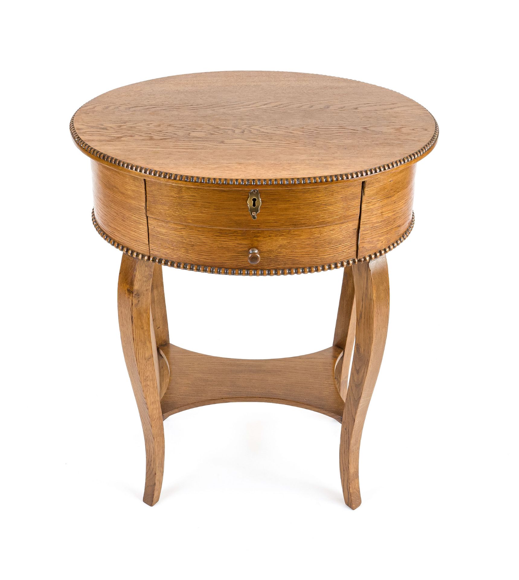 Handmade/sewing table from around 1930, oak, all-round beaded band, oval shape, 2 drawers, 77 x 61 x