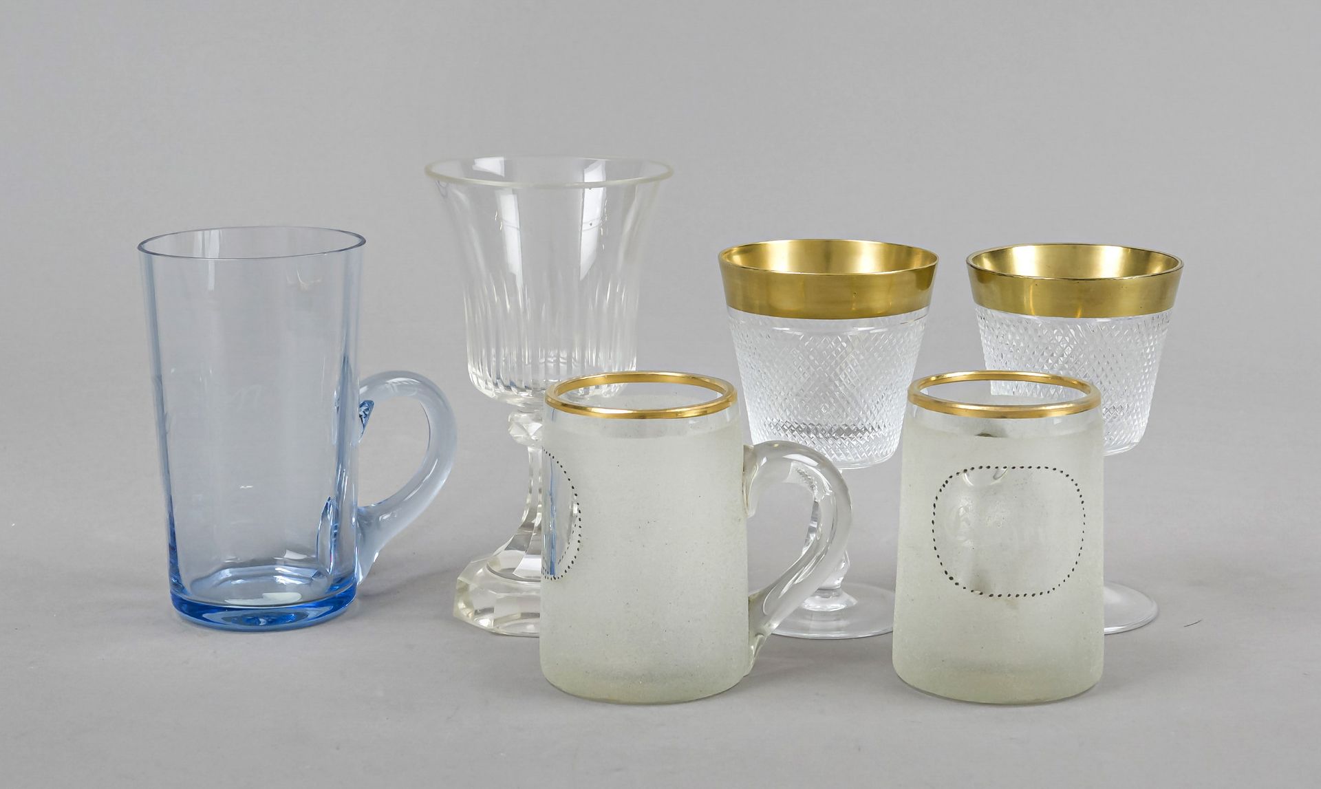 A collection of six glasses, 1st half of the 20th century, 3 mugs and 3 goblets, various shapes