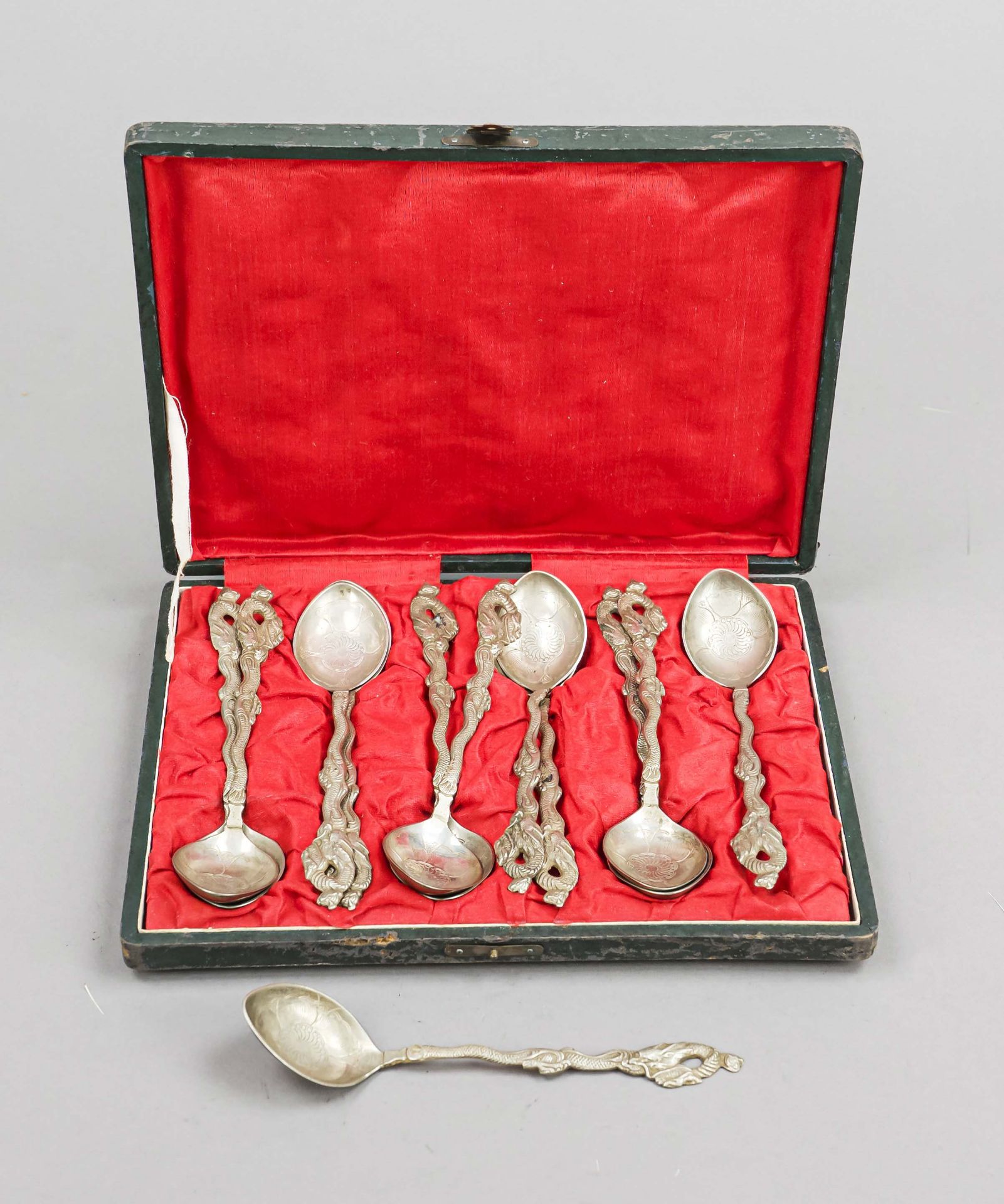 Twelve teaspoons, Japan, 20th century, marked Nagasaki, silver 84 (875/000), handles with dragon